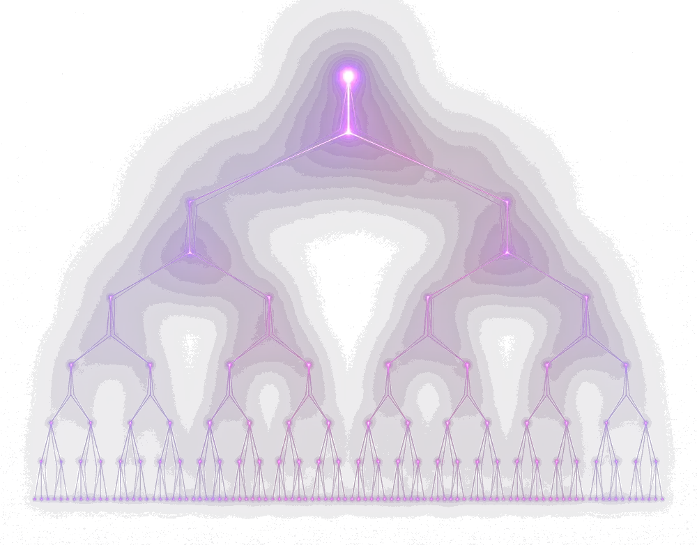 Ilustração de uma árvore de Merkle: dezenas de registros na base, unidos aos pares em cada nível, até uma única raiz luminosa no topo.